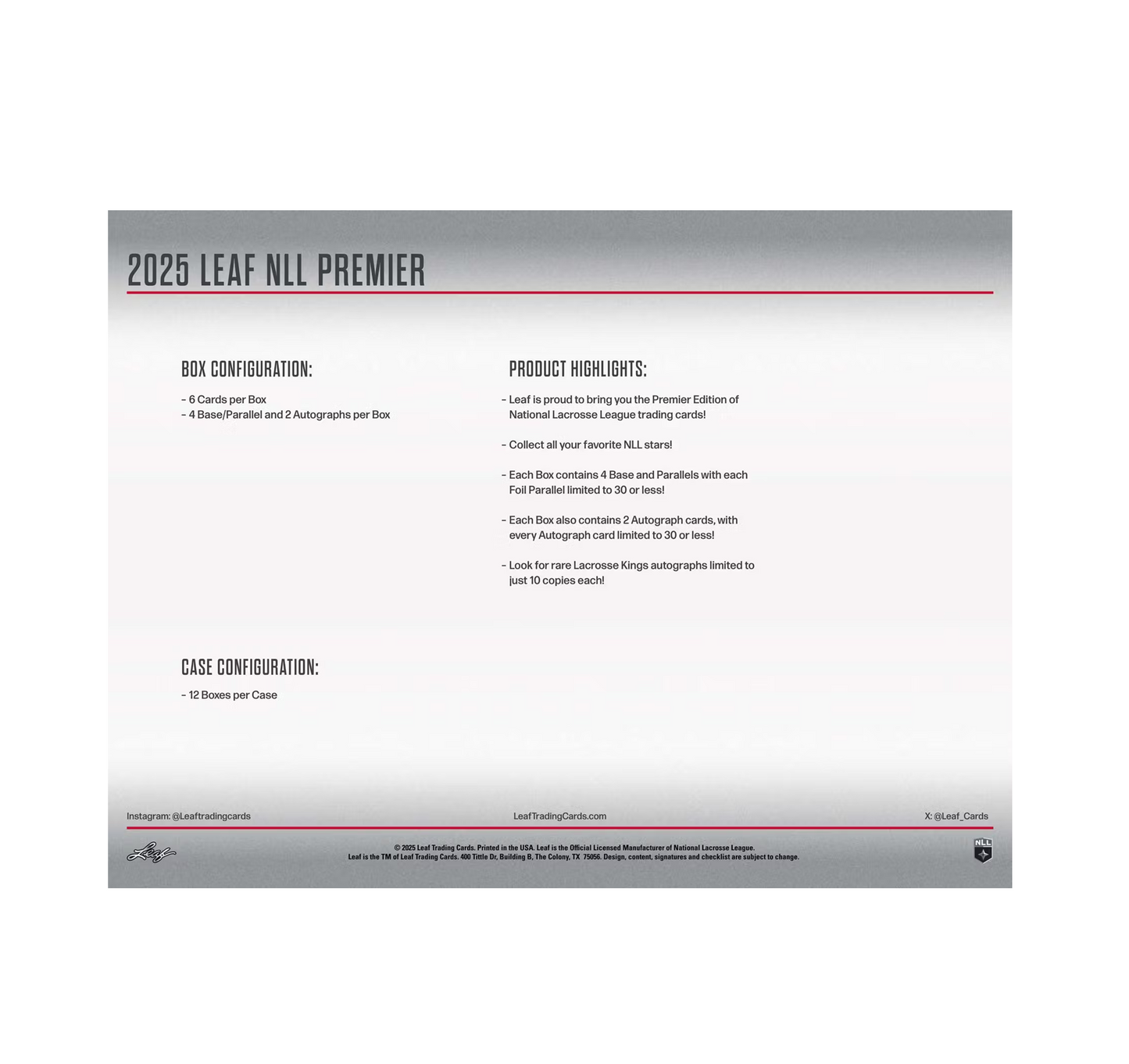 2025 Leaf National Lacrosse League Premier Edition 12-Box Case