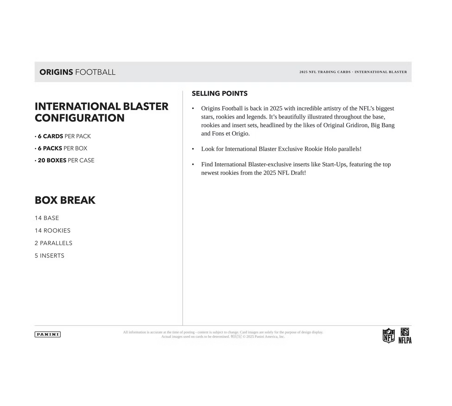 2025 Panini Origins Football International Blaster 20-Box Case