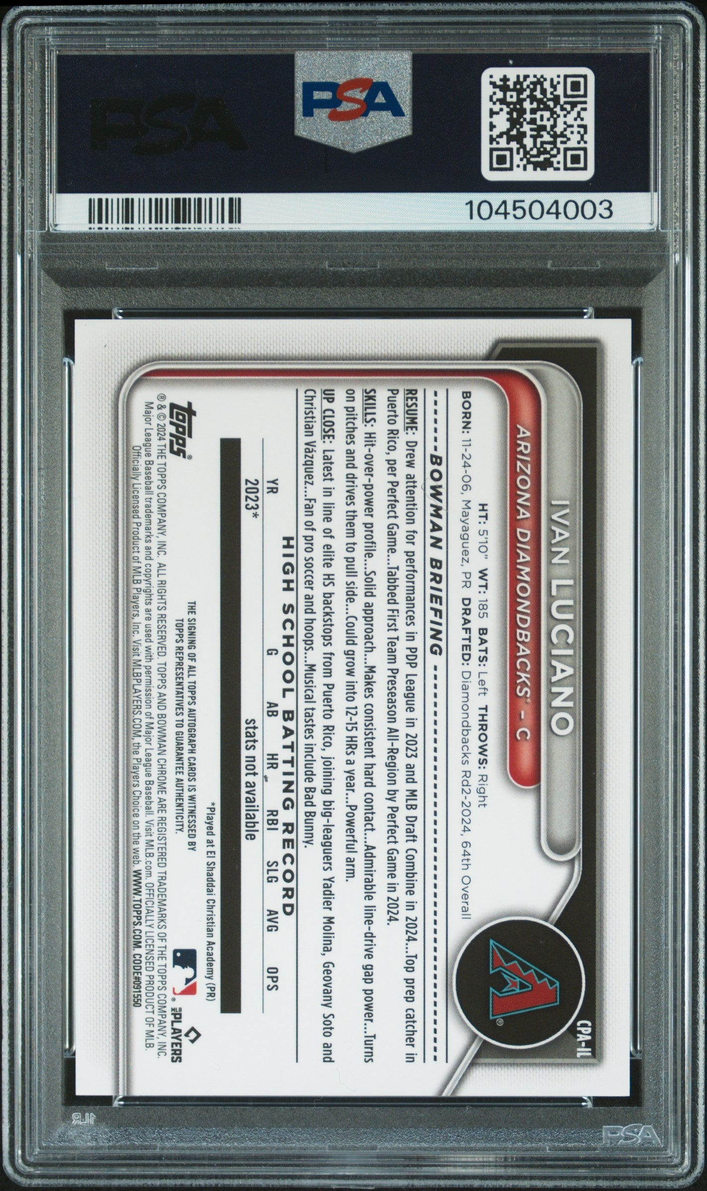 2024 Bowman Draft Chrome Prospect Autographs Ivan Luciano #CPAIL 061/150 PSA 10
