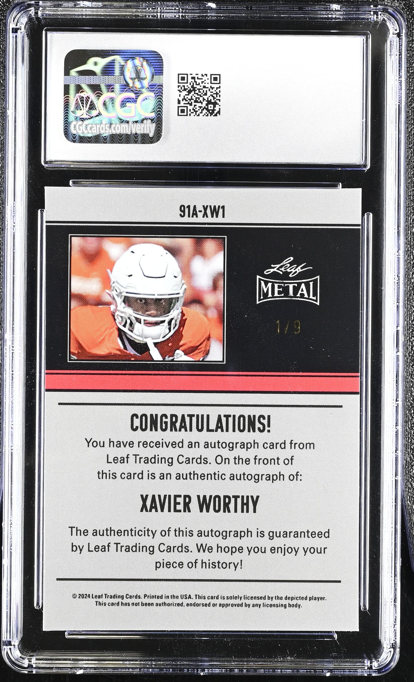 2024 Leaf Metal Xavier Worthy #91A-XW1 Prismatic Fire '91 Leaf Autographs CGC 10