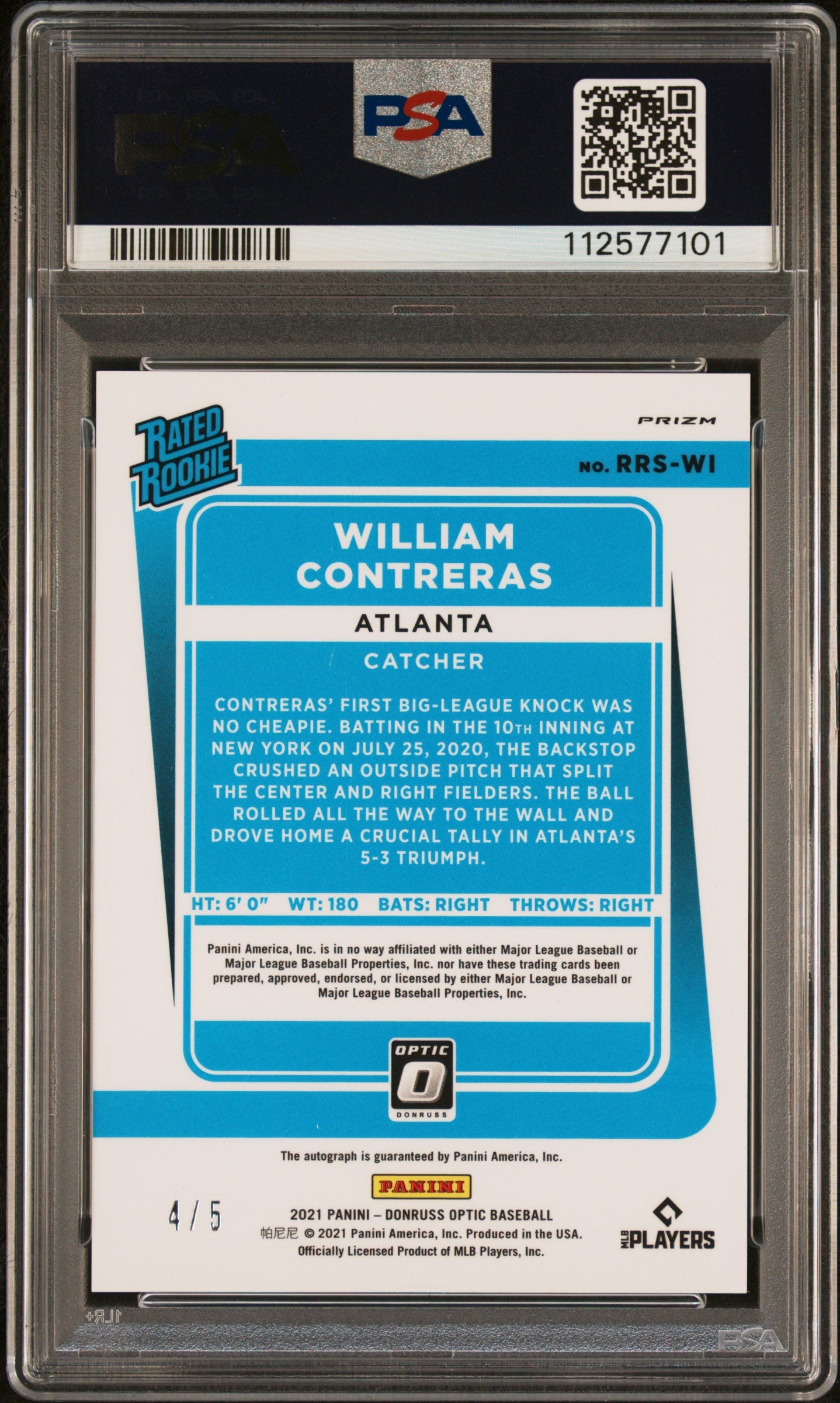 2021 Panini Donruss Optic Rated Rookie William Contreras #RRSWI PSA 8 Auto 10