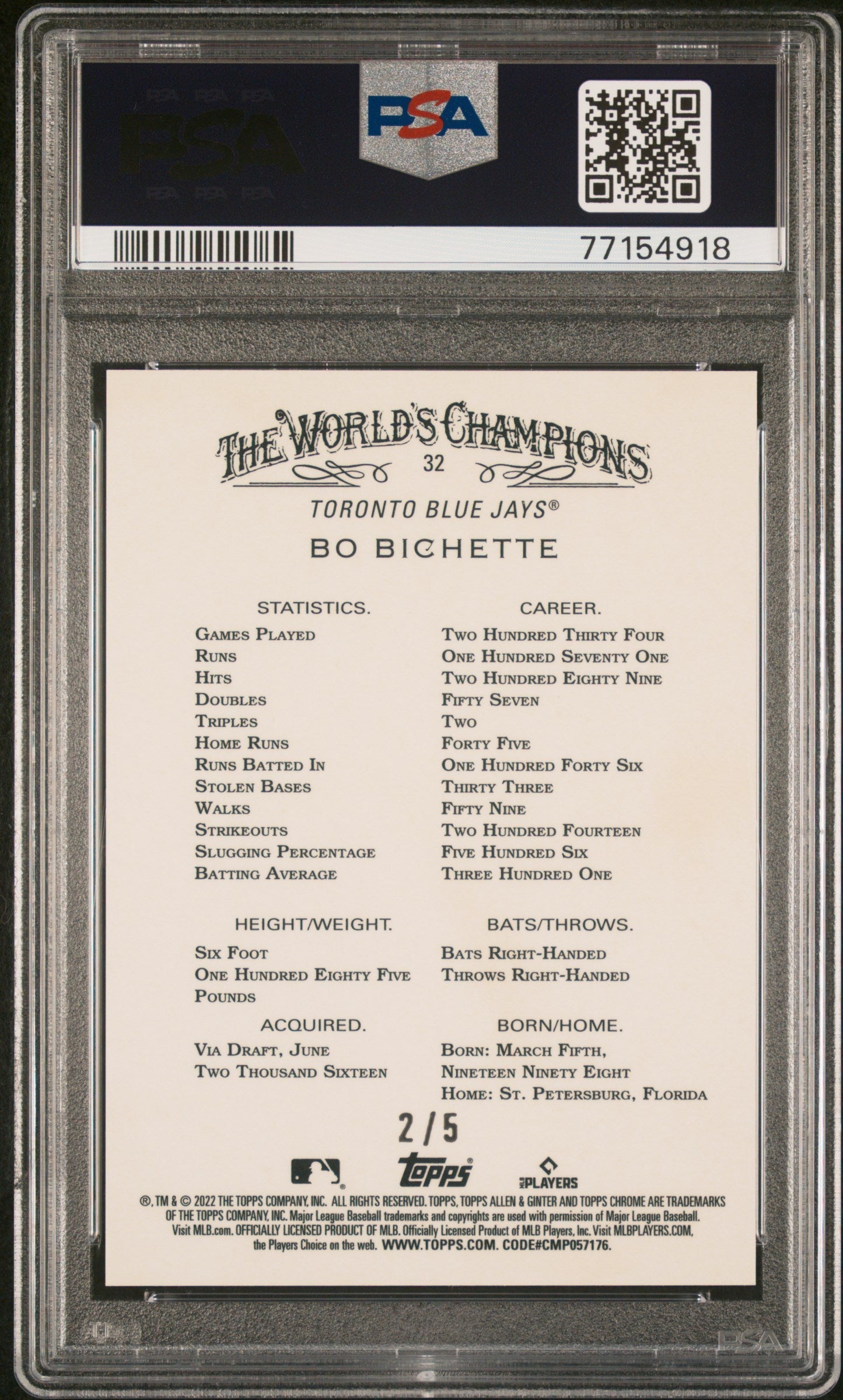 2022 Topps Allen & Ginter Chrome Bo Bichette #32 Red Refractor PSA 10