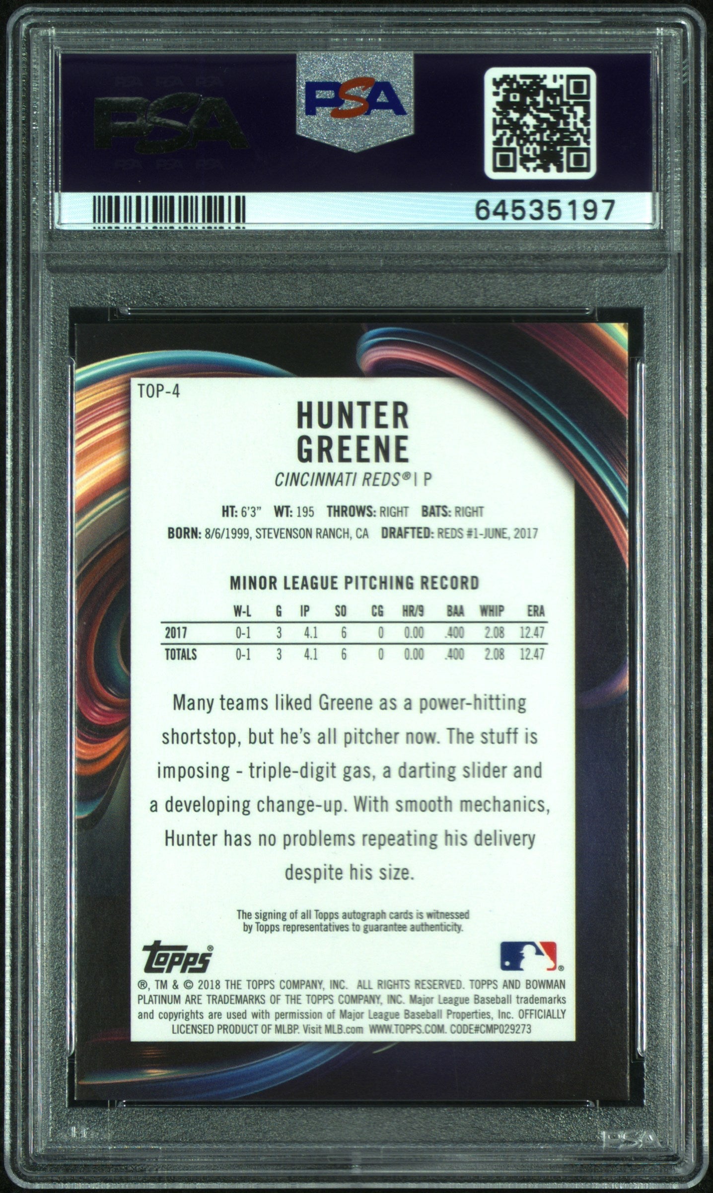 2018 Bowman Platinum Top Prospect Hunter Greene #4 PRS. Auto 14/25 PSA 9 Auto 10
