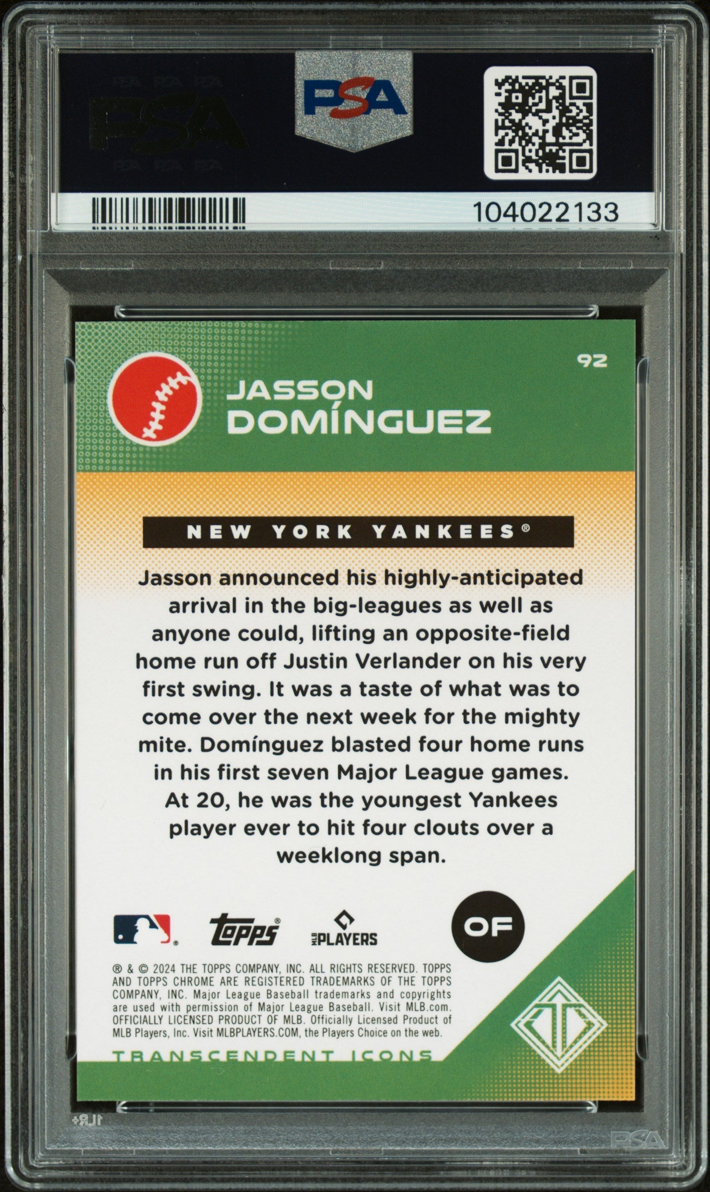 2024 Topps Transcendent Jasson Dominguez #92 Orange Ref 10/25 PSA 9 BGS Auto 10