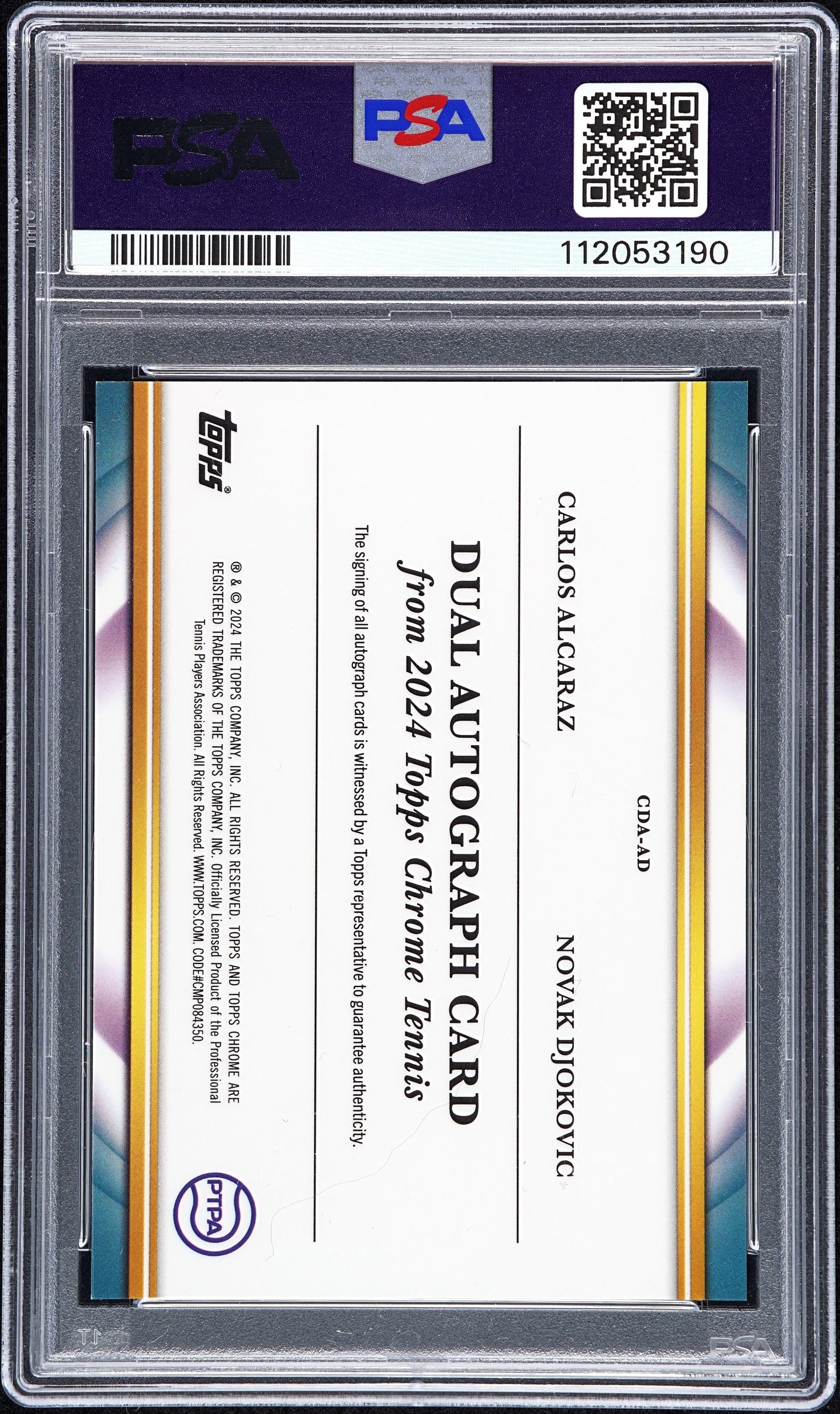 2024 Topps Chrome Tennis Dual Auto Alcaraz Djokovic #CDAAD Refractor 8/10 PSA 10