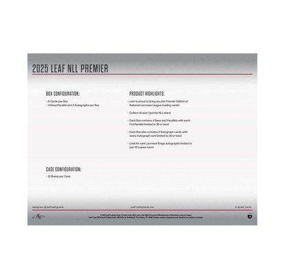 2025 Leaf National Lacrosse League Premier Edition 12-Box Case