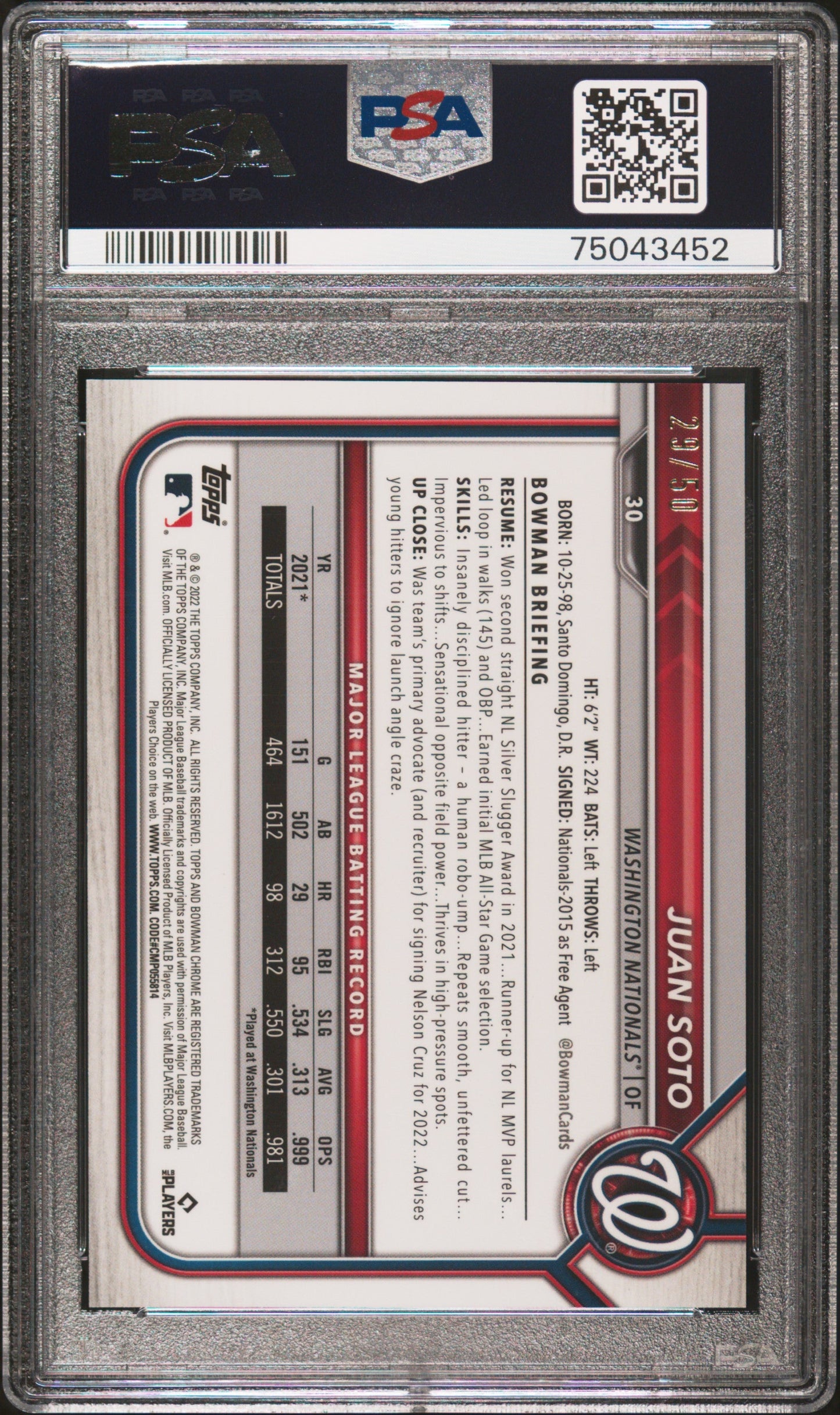 2022 Bowman Chrome Juan Soto #30 Gold Refractor PSA 10