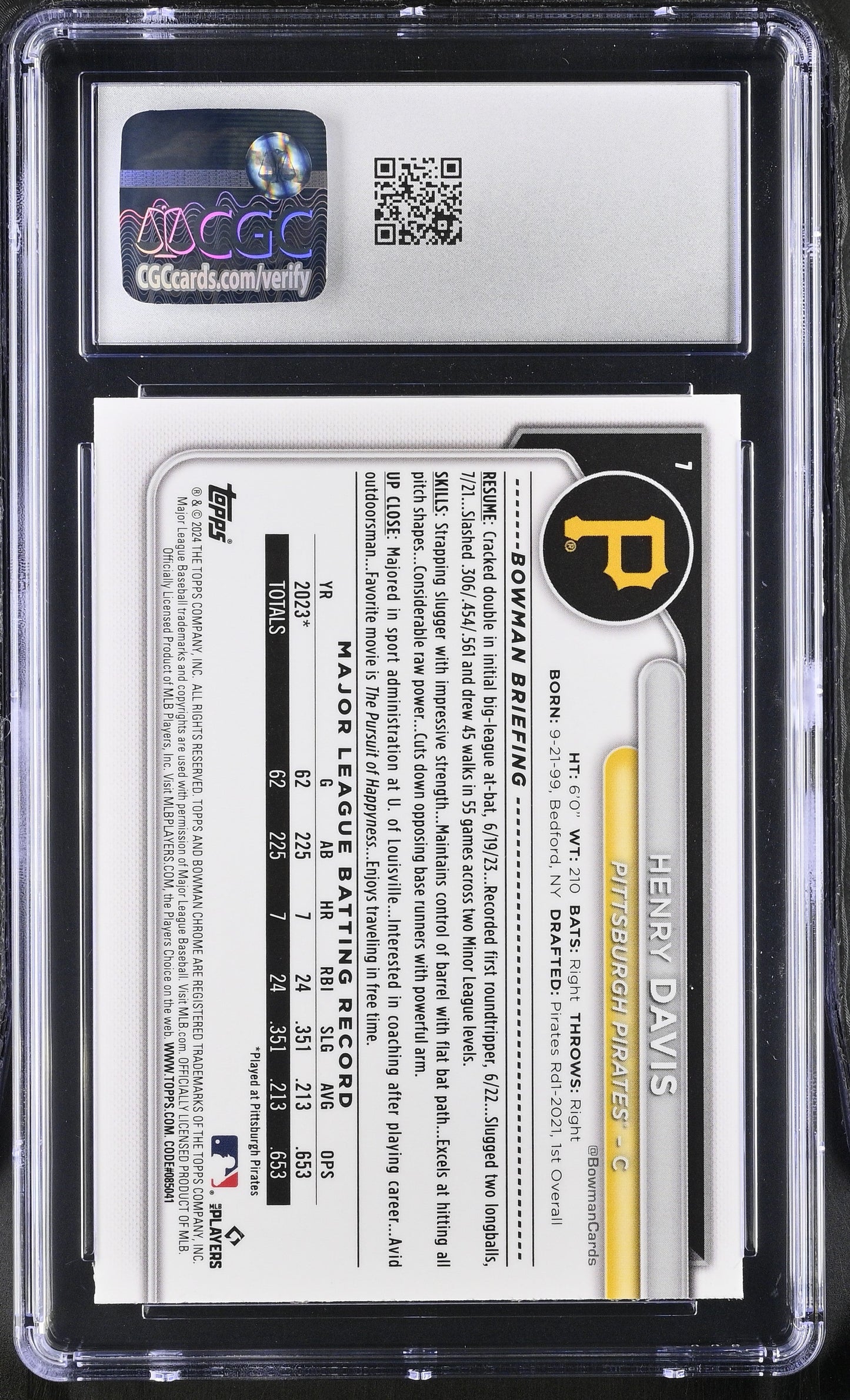 2024 Bowman Chrome Sapphire Henry Davis #7 Orange CGC 10