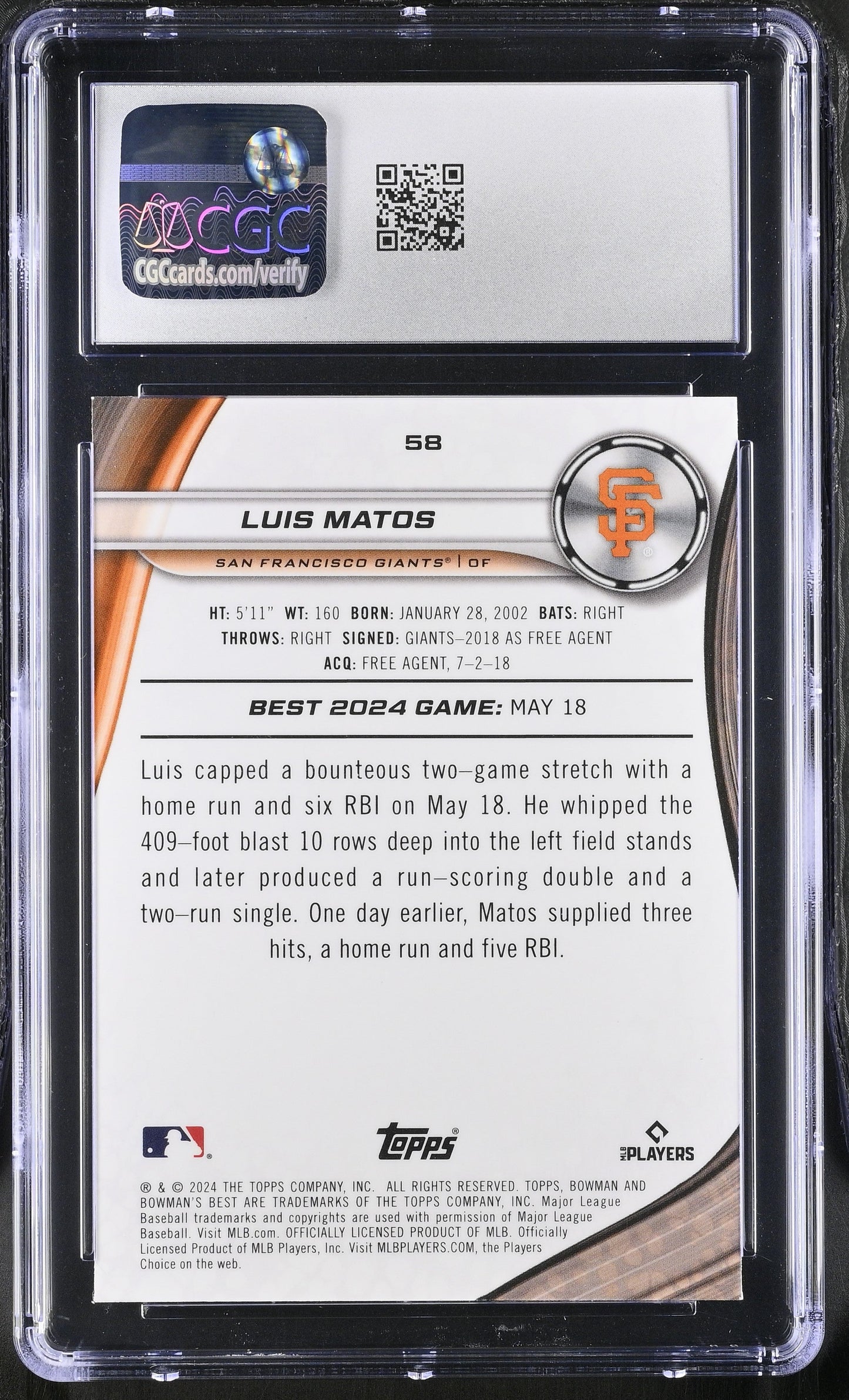2024 Best Luis Matos #58 Mini-Diamond Refractor CGC 10