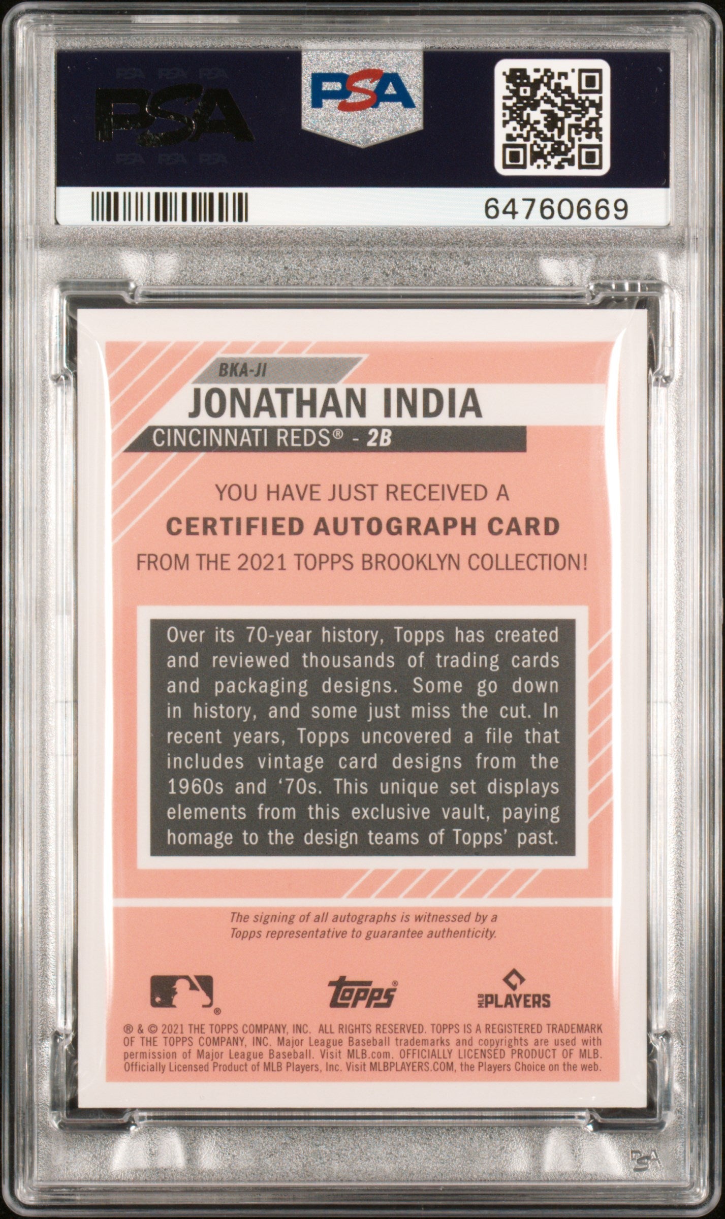 2021 Topps Brooklyn Collection Autograph Jonathan India #JI Black 14/75 PSA 10
