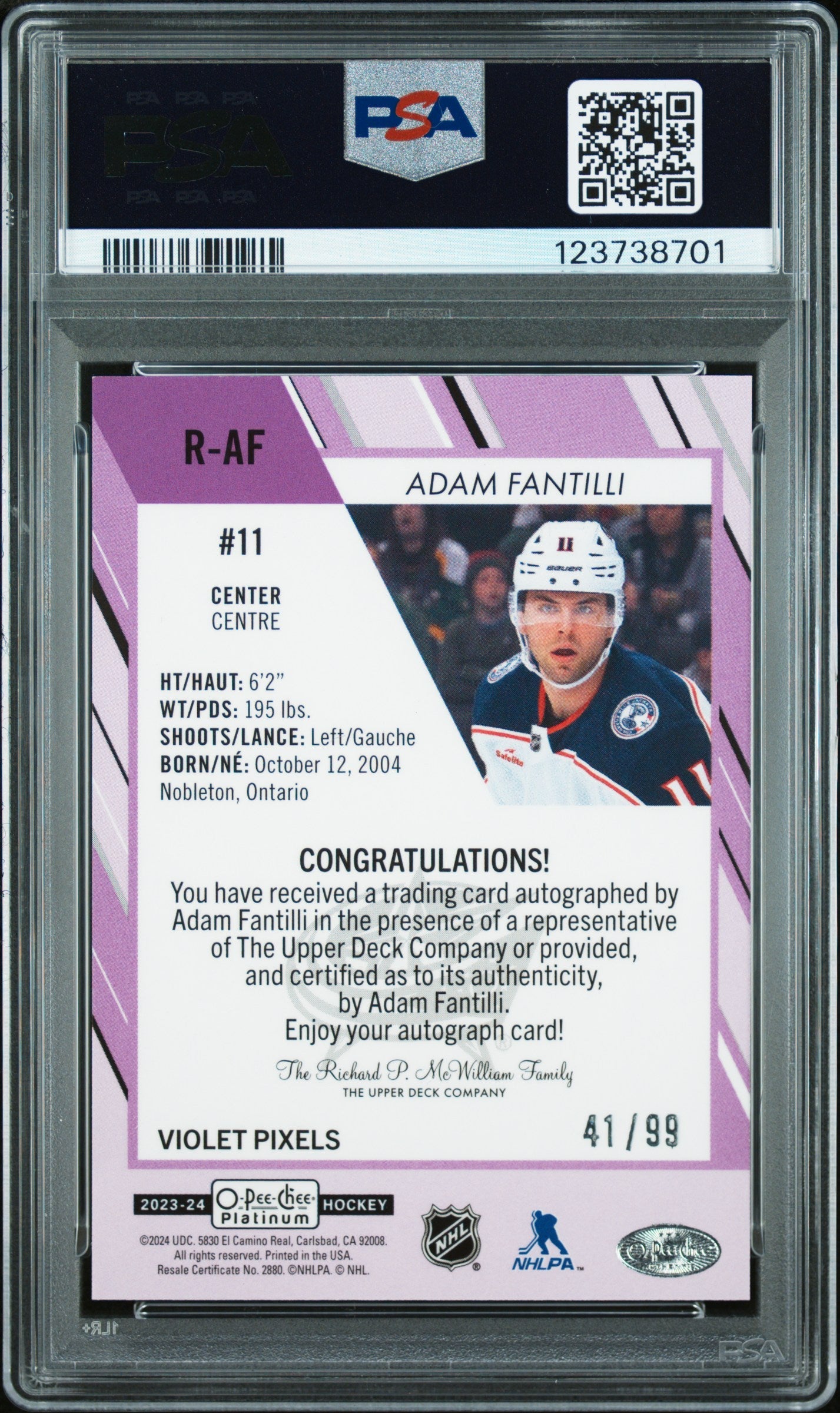 2023 Upper Deck O-Pee-Chee Plat RC Auto Adam Fantilli #RAF Violet Pixels PSA 9