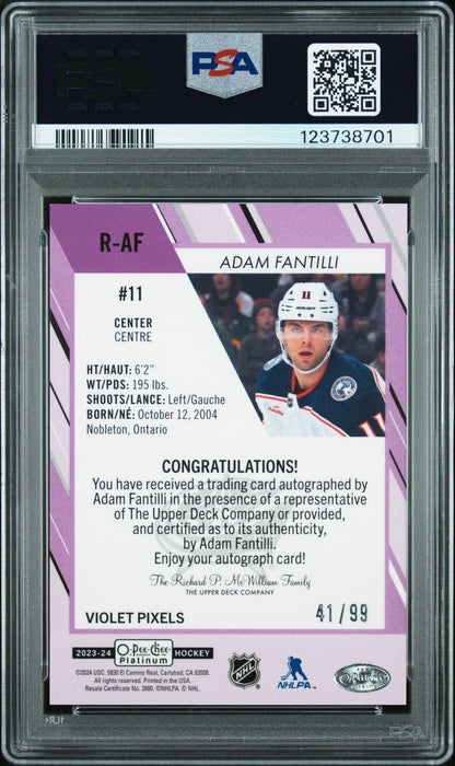 2023 Upper Deck O-Pee-Chee Plat RC Auto Adam Fantilli #RAF Violet Pixels PSA 9
