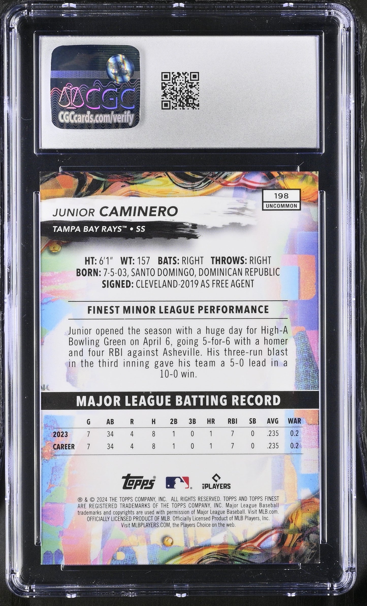 2024 Topps Finest Junior Caminero #198 Sky Blue Refractor CGC 10