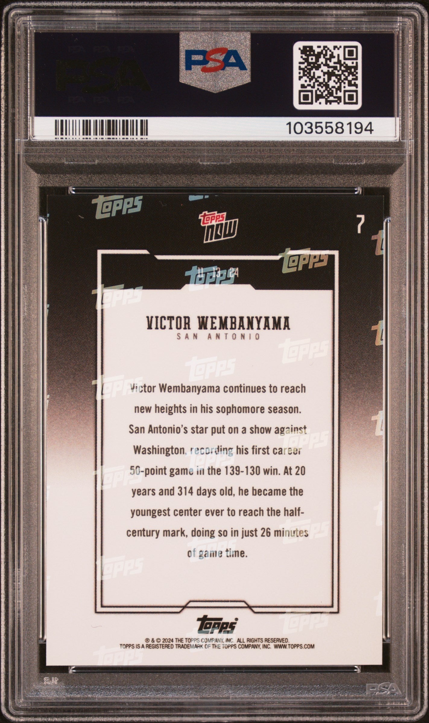 2024 Topps Now Victor Wembanyama #7 Green 57/99 PSA 9 BGS Auto 10