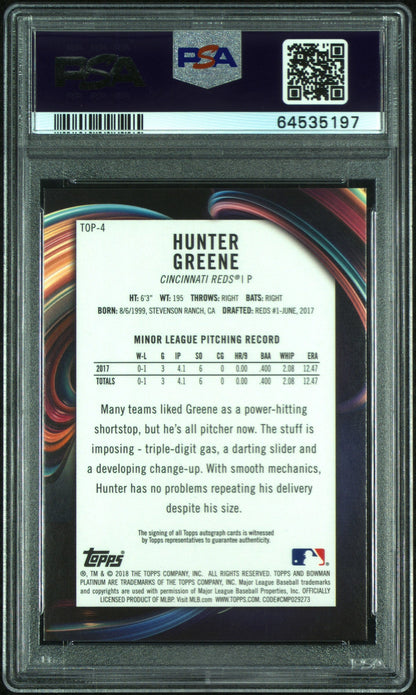 2018 Bowman Platinum Top Prospect Hunter Greene #4 PRS. Auto 14/25 PSA 9 Auto 10