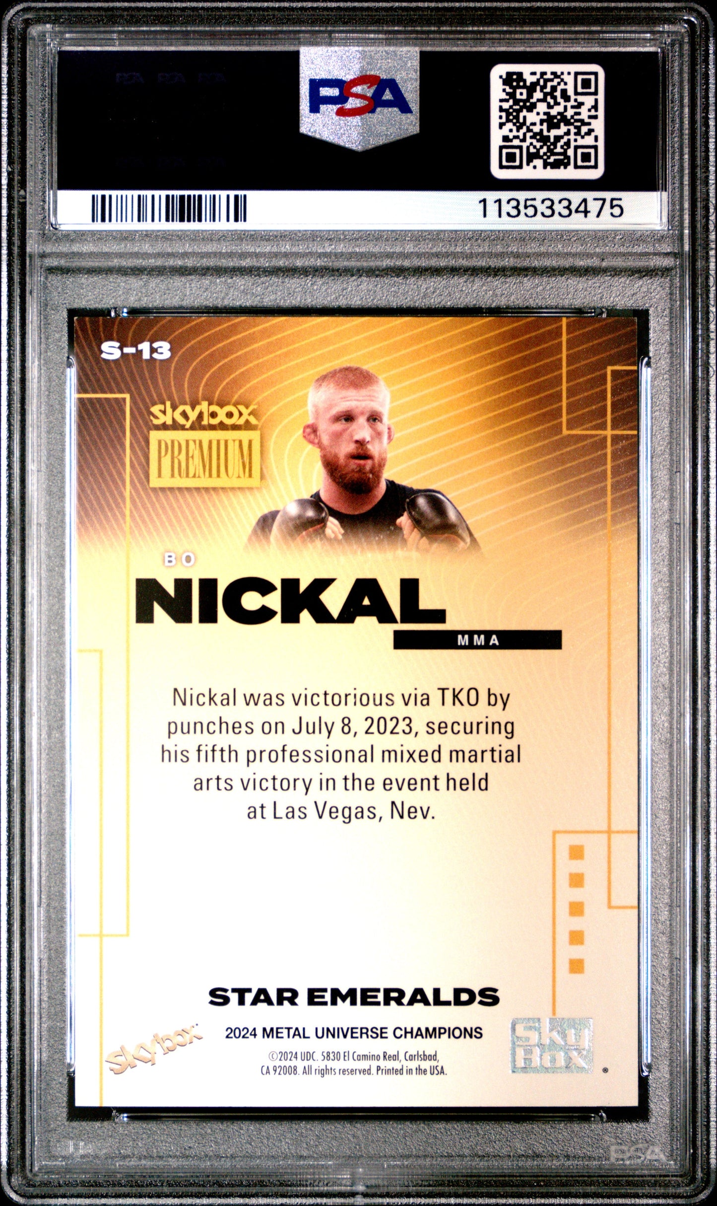 2024 Skybox Metal Universe Champions Skybox Premium Bo Nickal #S13 Star Emerald PSA 9