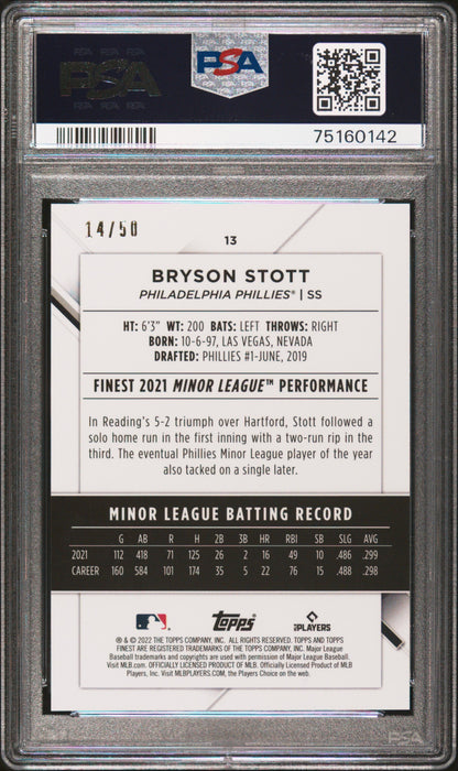 2022 Topps Finest Bryson Stott #13 Gold Refractor PSA 10