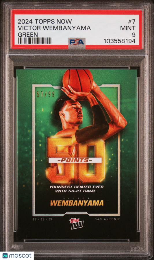 2024 Topps Now Victor Wembanyama #7 Green 57/99 PSA 9 BGS Auto 10