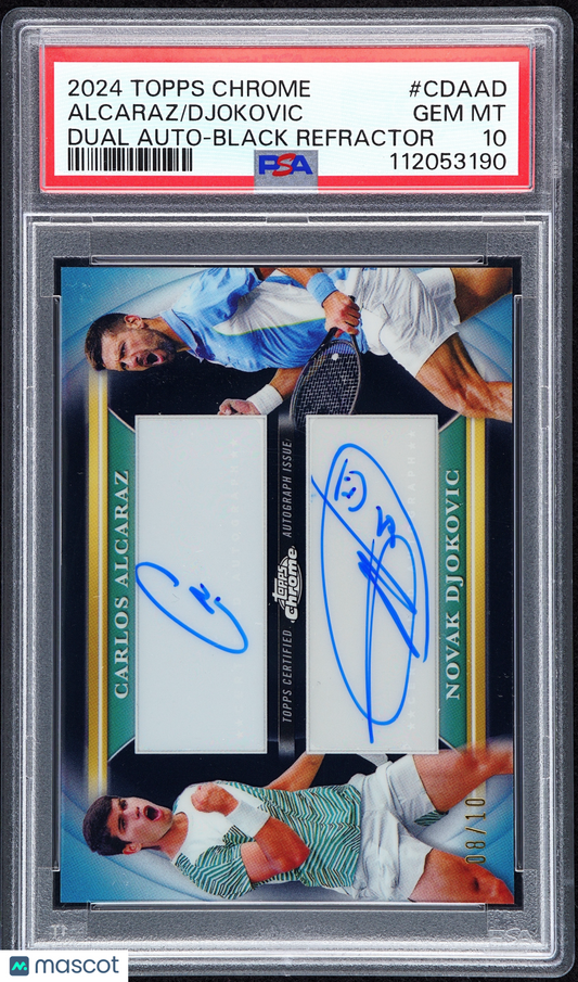 2024 Topps Chrome Tennis Dual Auto Alcaraz Djokovic #CDAAD Refractor 8/10 PSA 10